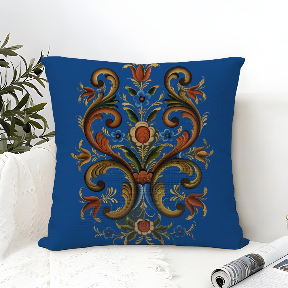 Наволочка в стиле норвежской росписи (Rosemaling) Хлопок и Лен Квадратная Наволочка на Молнии Домашний Декор Гостиная