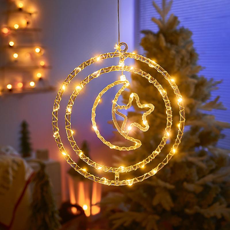 Christmas Decoration 3D Pentagram Moon Elk Snowflakes Hanging Lights for Christmas Windows Holidays