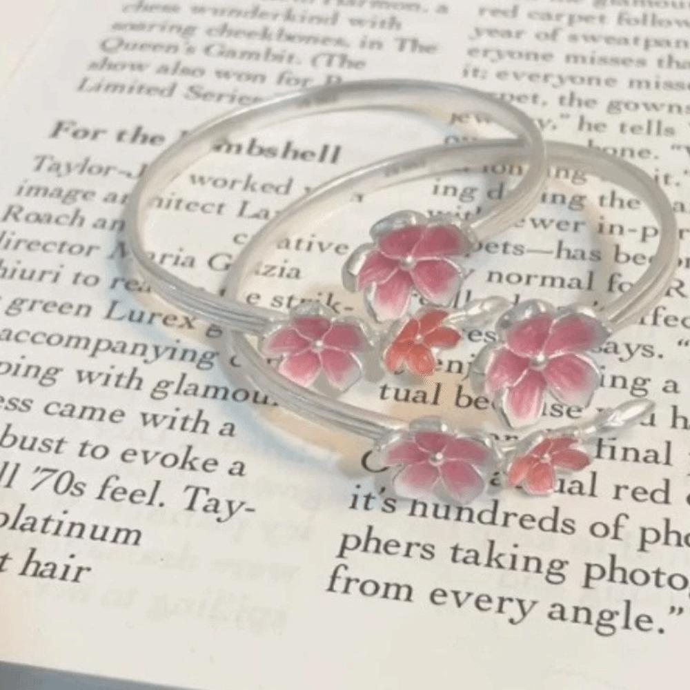 Drop Oil Design Cherry Blossom Ring Dainty Flower Bracelet Fashion Open Adjustable Ring Party