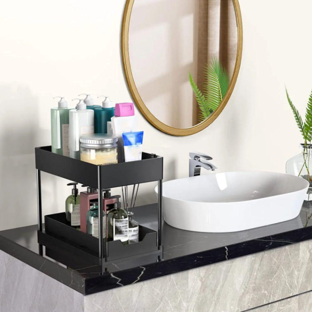 2 Tier Sliding Cabinet Basket With Hooks Under Sink Organizer Upgraded Bathroom Organizer Bathroom