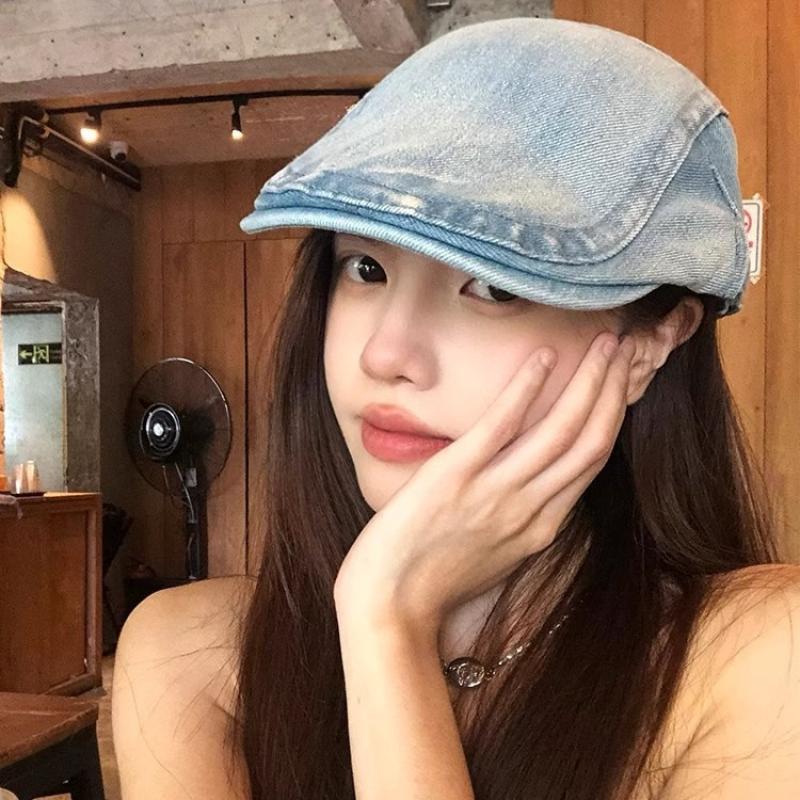 Retro Harajuku Style Washed Denim Forward Hat For Men And Women Spring Summer Casual Versatile Show Face Small Literary Berets
