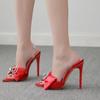 Fashion 35-42 Sexy Silk Pointed Rhinestone Butterfly-knot Thin High Heel Sandals PVC Band Ankle Buckle Banquet Wedding Shoes for Women