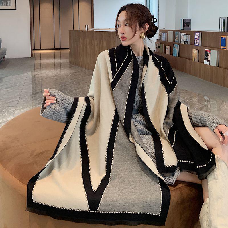 2022 Geometric Pattern Double-Sided Winter Scarf: Imitation Cashmere for Women, Warm and Thick Shawl.
