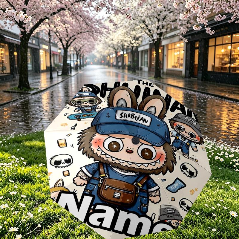 Custom Name Personalized Labubu Print Umbrella, Auto Open Close, 8‑Rib Sturdy Frame, Commute Camping Hiking Use, Birthday Gift