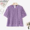 Women Casual Round Neck Short Sleeve Embroidery Lace Patchwork Blouse