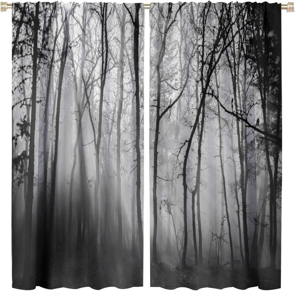 Gothic Dark Misty Forest Curtains, Mysterious Horror Foggy Dim Dead Jungle Under Strange Bright Moon,Thermal Insulation Blackout