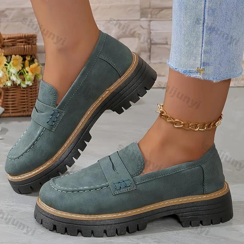 Женские туфли-лоферы на платформе однотонные Женские 2026 Весна Осень Новые Британский стиль Балетки Удобные Толстый каблук Без шнуровки