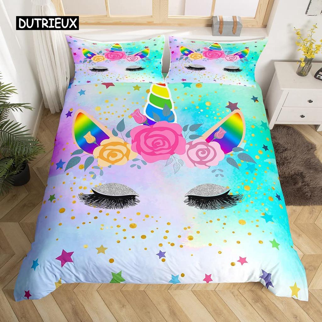 Girls Cute Unicorn Duvet Cover Set Cartoon Animal Bedding Set Microfiber Floral Star Quilt Cover Twin King For Kids Teens Room