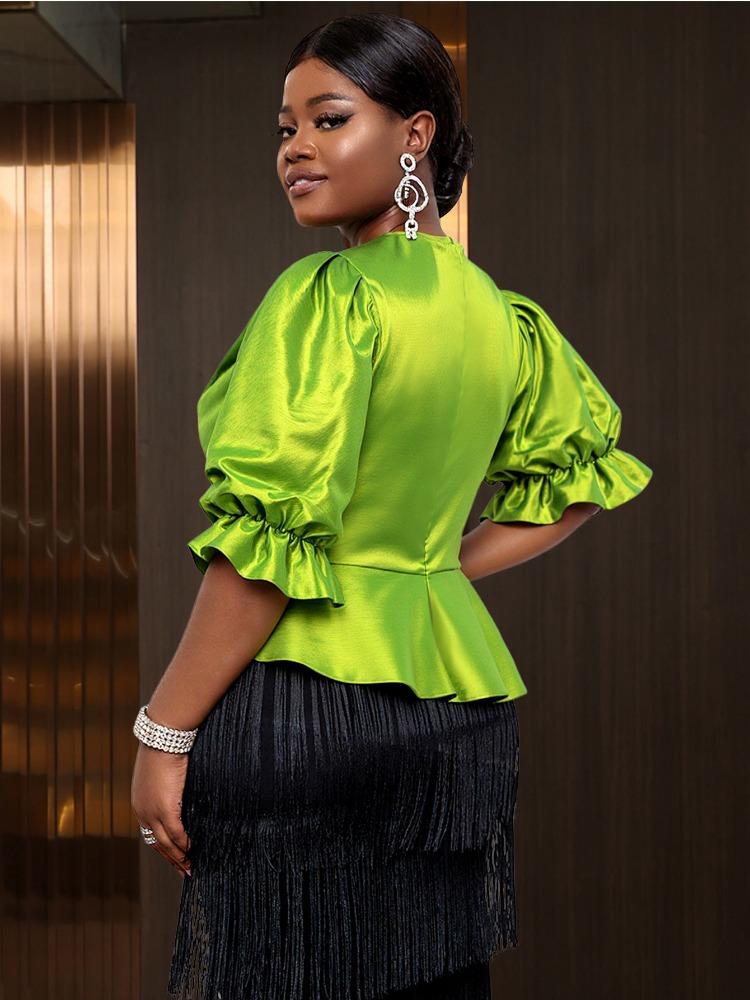Элегантная женская блузка для вечеринки, рубашка с круглым вырезом, короткими рукавами-буфами, нерегулярным пеплумом, скрывающая живот, облегающие модные топы, женский день рождения, новая