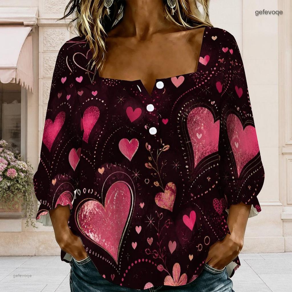 Womens Plus Size Square Neck Long Sleeve Front Button Soft Loose Elegant Casual Everyday Ladies Blouse