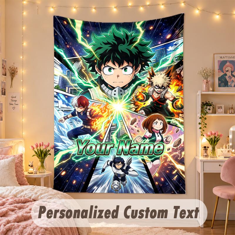 Custom Personalized Tapestry,My Hero Academia Print Custom Name Text Wall Art Hanging for Bedroom