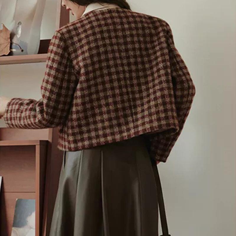 Осенняя женская короткая куртка с круглым вырезом и длинным рукавом в клетку с принтом, повседневная ветровка