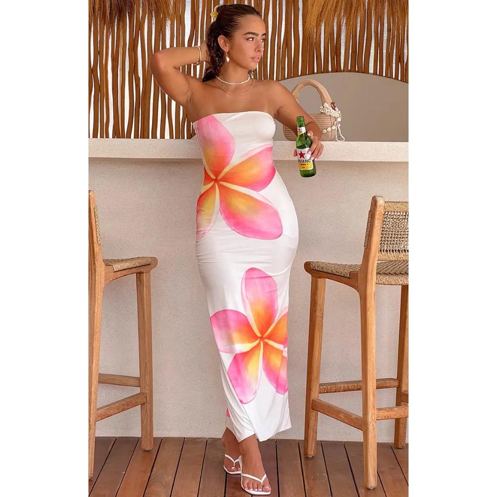 Облегающее платье с тонким цветочным принтом, открытыми плечами, без рукавов, с открытой спиной, элегантное платье, женское платье-бодикон, длинное платье-бандо для вечеринки, клуба