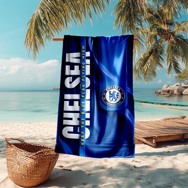 proof beach towel with Chelsea FC logo pattern - soft,absorbent,quick-drying,machine washable - perfect for swimming,camping,bathing