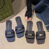 Flat Bottom Buckle One-word Slippers Women's 2025 Summer French New Fashion Denim Square Head Wear Beach Cool Slippers