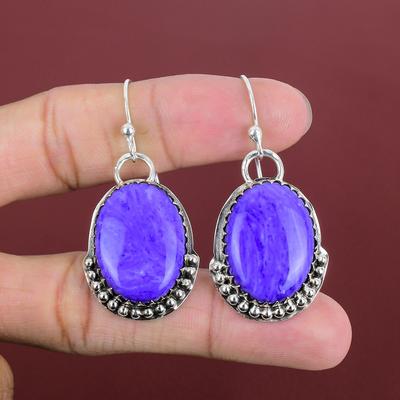 Серьги с чароитом, натуральные драгоценные камни, серьги ручной работы, серьги из стерлингового серебра 925 пробы, элегантные украшения, серьги с целебным камнем, подарки для жены