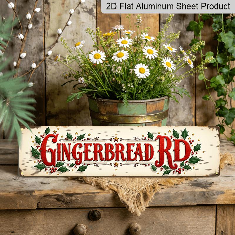 15.7×3.94inch Metal Sign for Christmas Decorations, Featuring A Vintage Gingerbread Road Design. Aluminum Decorative Sign, This Aluminum Wall Art Is