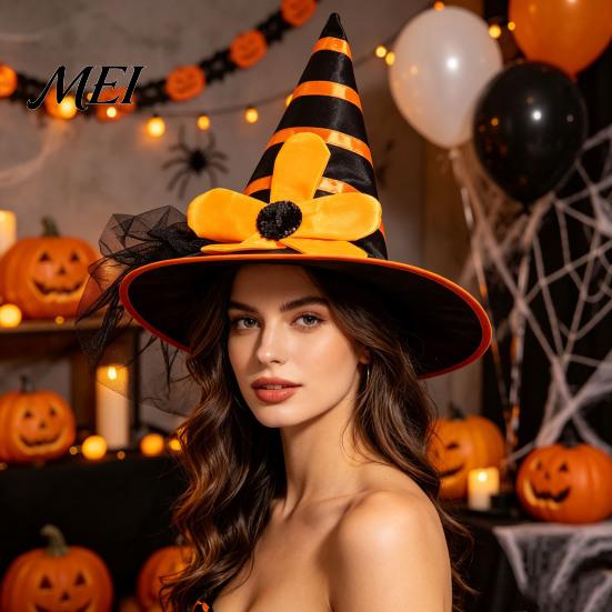 Holiday Themed Party Accessories Halloween Witch Hat for Women Girls, Large Striped Wizard Costume Headwear with Flower Accessories, Cosplay, Gorgeous