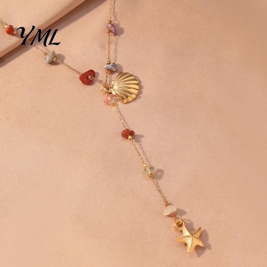 Colorful Stone Necklace Women Y-Shaped with Shell Starfish Pendant And Natural Gravel Beads, Adjustable Ocean Theme Jewelry Alloy Chain, Style