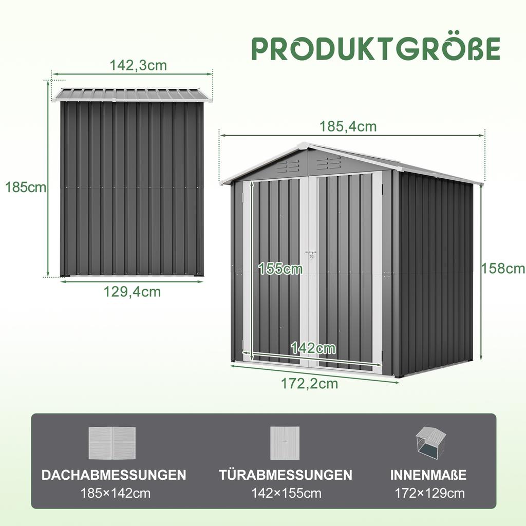 142x185cm Metal Tool Shed Garden House with Ventilation Holes, Incl. Metal Foundation, Lockable Door, Weatherproof for Garden Tools, Gray