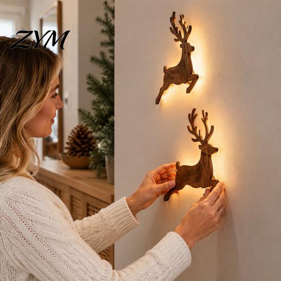 Cozy Reading Nook Lighting Christmas Reindeer Wall Light, Wooden LED Silhouette with Warm Backlight, Festive Home Battery Operated Lighted Art