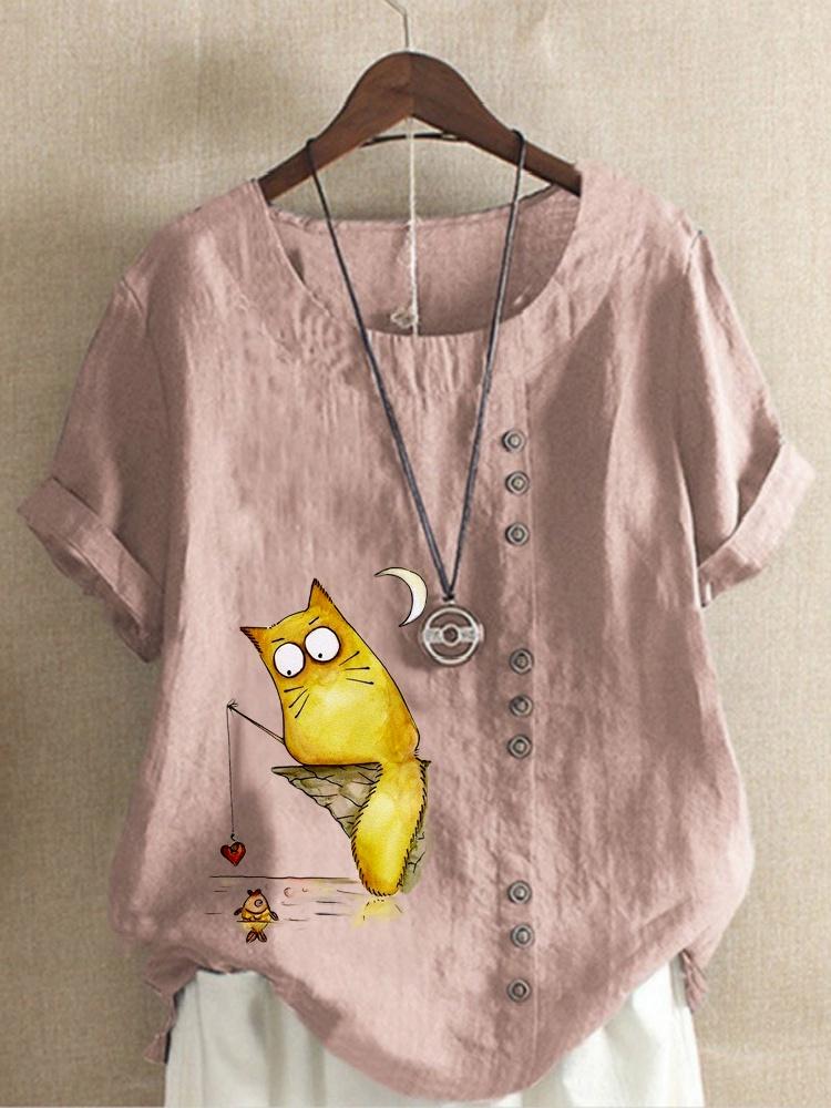 Women's Linen Shirt Round Neck Short Sleeve Cartoon Cats Printed T-shirt Summer Ladies Casual Plus Size Blouse Tops