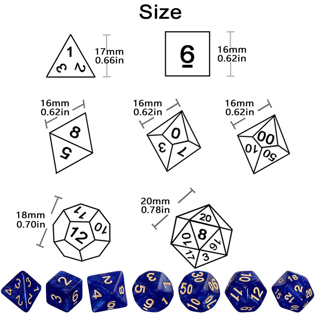 7pcs Dice DND D4, D6, D8, D10, D%, D12, D20 Board Game Accessories Polyhedral Glitter Dice Set