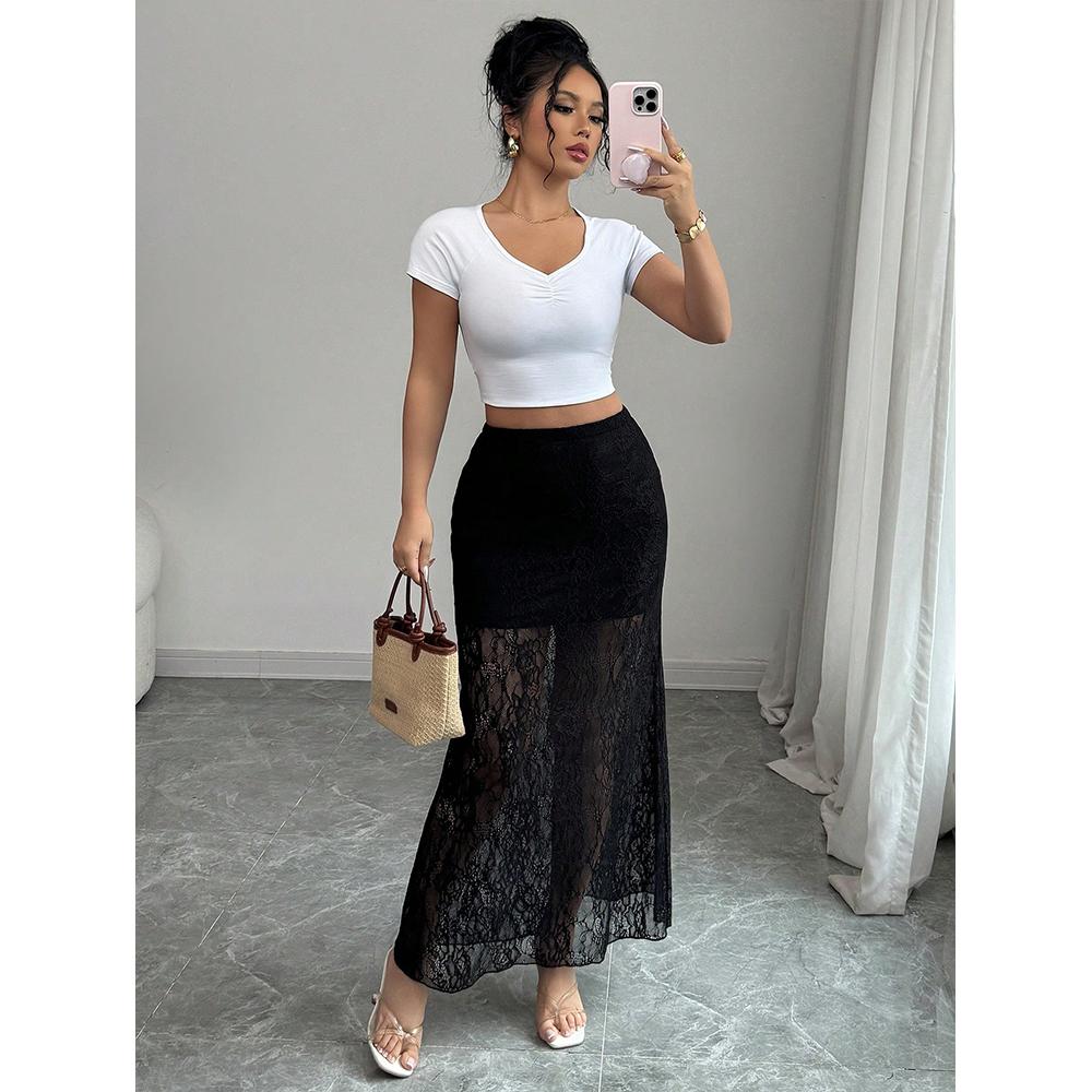 Женская юбка Y2K кружевная прозрачная длинная с оборками с высокой талией сетчатая облегающая юбка наряды для отпуска фестиваля