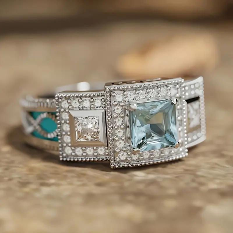Superfine Bestseller Jewelry: Drip Oil Inlaid Aquamarine and Zirconia Diamond Lace Ring.