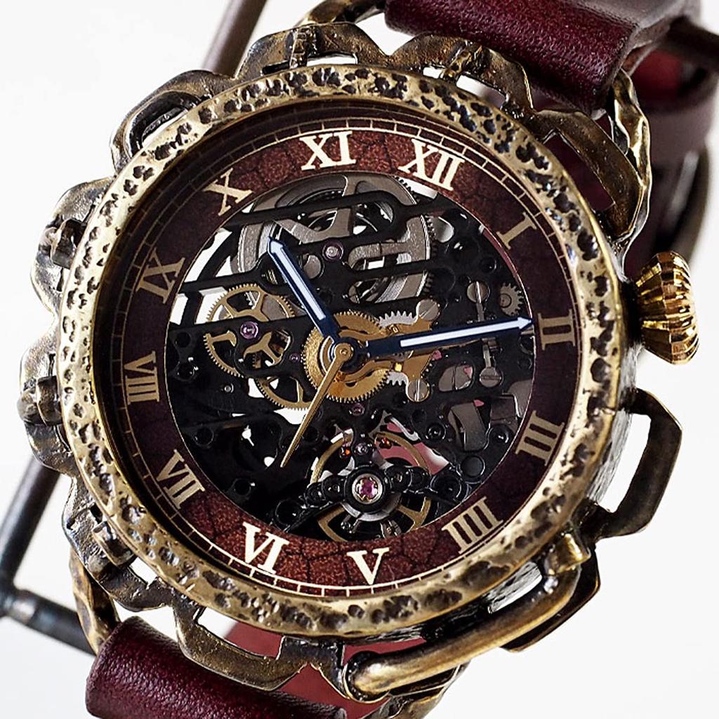 KINO Часы ручной работы Автоматические Скелетон Задняя крышка Кинопанк Черная латунь Винно-коричневый [K-18-BR-WI]