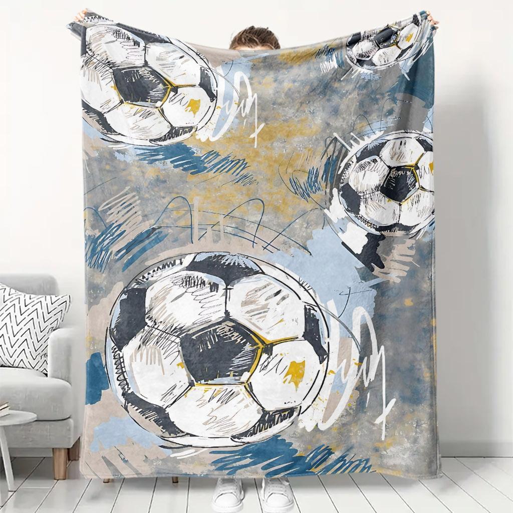 Retro Sketch Soccer Ball Flannel Throw Blanket Vintage Grunge Football Print Sports Fan Sofa Blanket