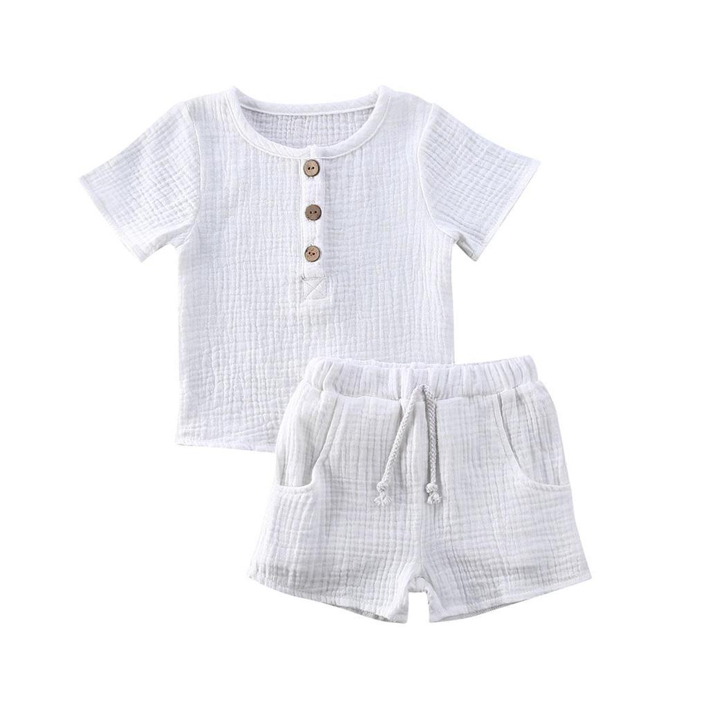 Baby Cute Shorts Set Solid Color Style Round Neck Short Sleeve Button Closure Top Breathable Elastic Breeches Suit