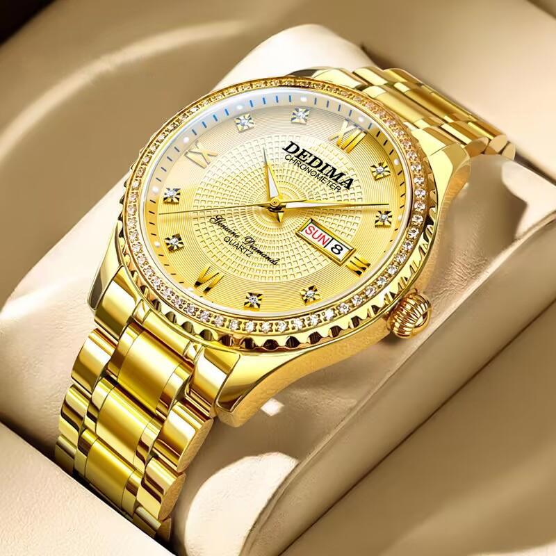 High Quality Luxury Business Diamond All Gold Watch Double Calendar Solid Stainless Steel Butterfly Buckle Men's Waterproof Luminous Quartz Watch