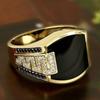 Classic Gold Color Metal Men's Ring with Inlaid Black Stone, Punk Style, Suitable for Engagement, Wedding, Luxury Jewelry