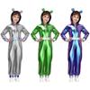Girls Alien Halloween Costume Metallic Gloss Hood Long Sleeve Front Zipper Jumpsuit Fancy Dress Party Outfit