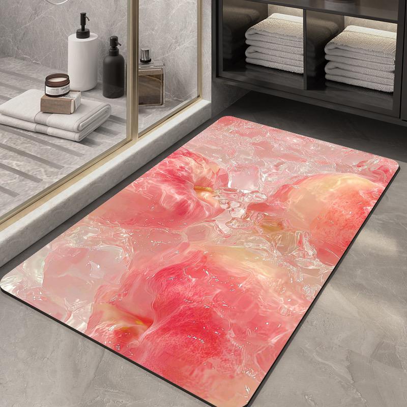 Juicy Peach Ice Cube Bath Mat Realistic Fruit Splash Print Non-Slip Silicone Backing Rug