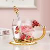 Glass Coffee Enamels Mug with Steel Spoon ,Best Birthday Valentines Gifts for Women,Enamel Flower Lead-free Glass Coffee Mugs Tea Cup