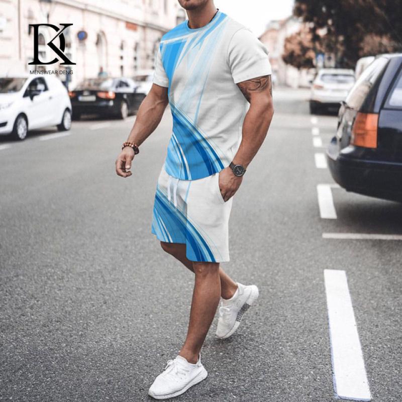 Летний мужской комплект футболок, черно-белый сетчатый 3D-принт, одежда большого размера, трендовый мужской спортивный костюм, футболка для фитнеса, шорты, комплект одежды