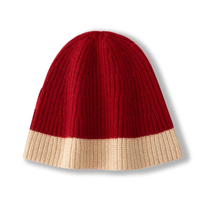 Женская шапка-бини из 100% чистого кашемира, двухцветная, с цветными блоками, вязаная, зимняя, теплая, мягкая, свободная шапка-чулок, аксессуар для холодной погоды