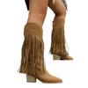 New Women's Vintage Fringe Boots Knee-High Middle Chunky Heel Pointed Toe Autumn Retro Rivet Botas Female Western Cowboy Booties