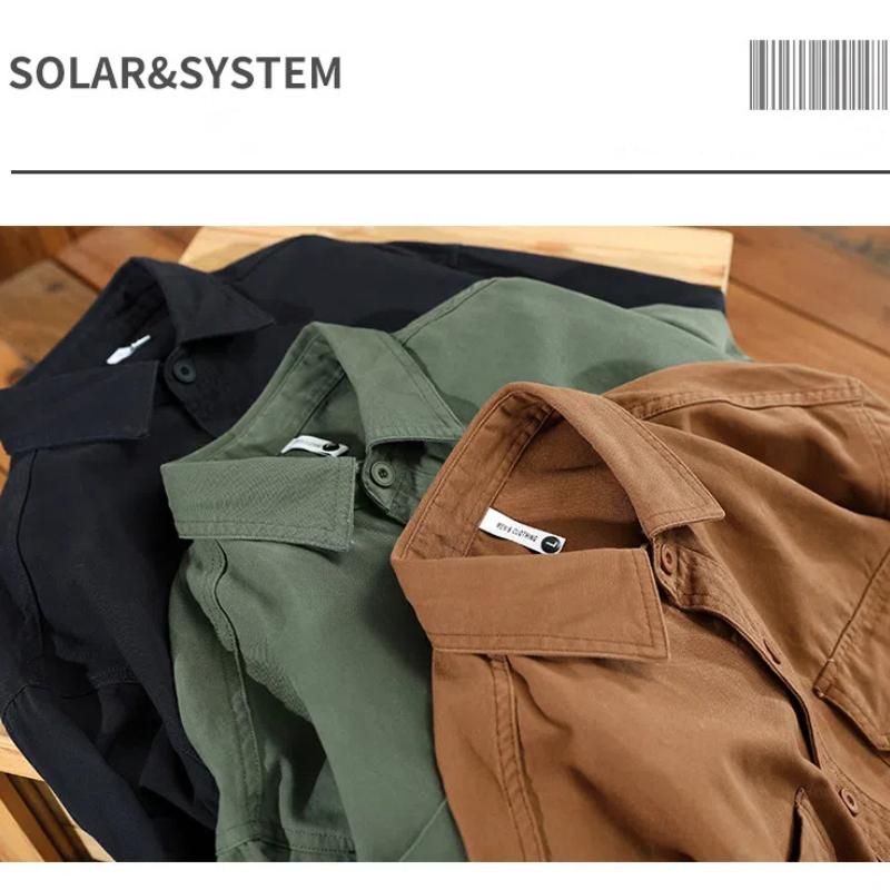 Японский стиль рабочая одежда хлопковые мужские рубашки весна/осень повседневная рубашка с длинным рукавом уличная одежда двойной карман свободный топ на пуговицах