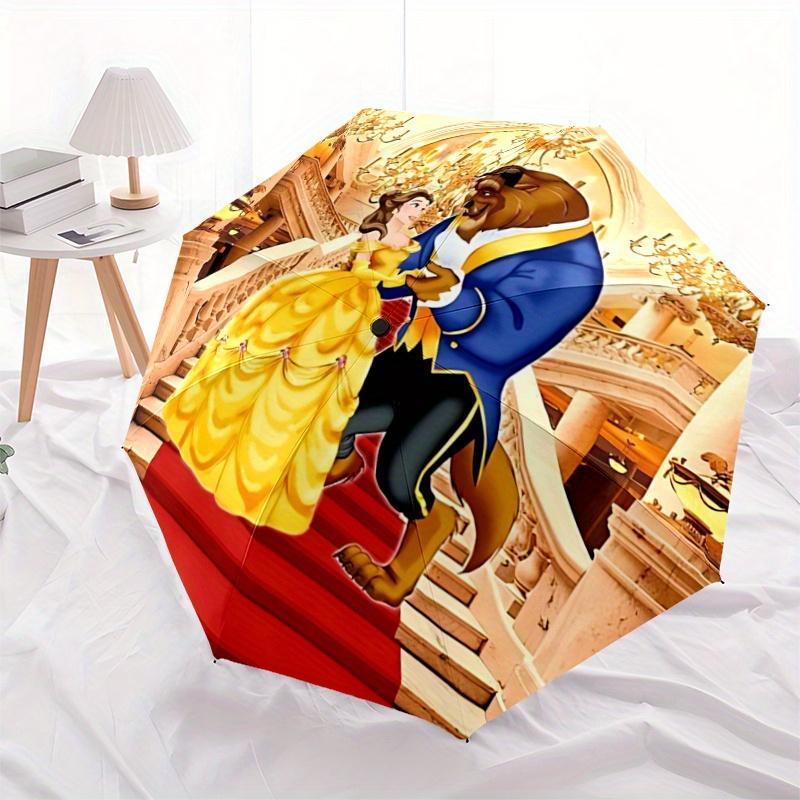1pc Beauty & Beast Dancing Scene Automatic Opening/Closing Umbrella - Portable 3-Fold Design with 8-Bone Iron Frame, Outdoor Umbrella for Fe