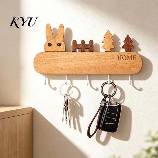 Hat And Scarf Organizer Wooden Key Holder with 5 Hooks, Cartoon House Theme Organizer, Multi Heavy Duty Screw Fixation Hooks Purpose Hanging Rack for