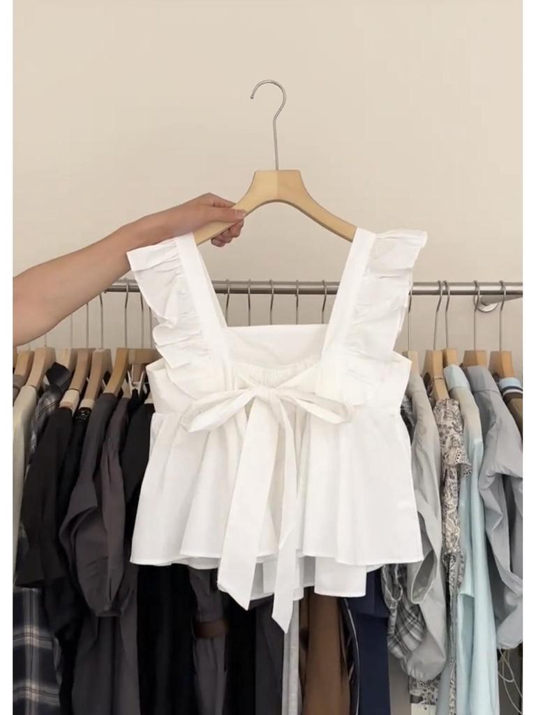 First Love Women's Square Neck Flutter Sleeve Babydoll Top with Bow Lace-up Detail