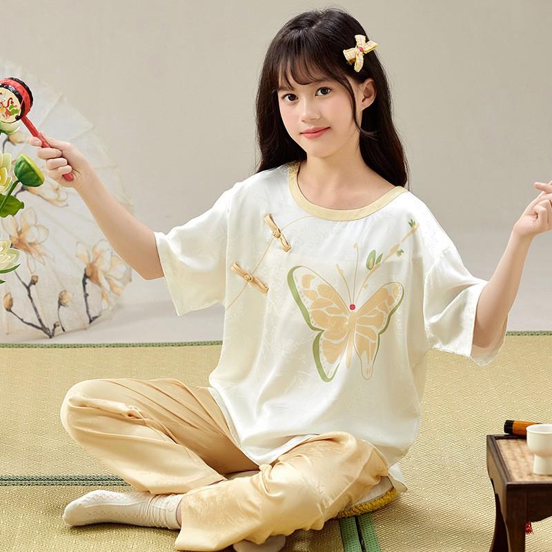 Girls Ice Silk Pajama Set Lightweight 3-Piece Chinese Style Sleepwear Kids Ages 8