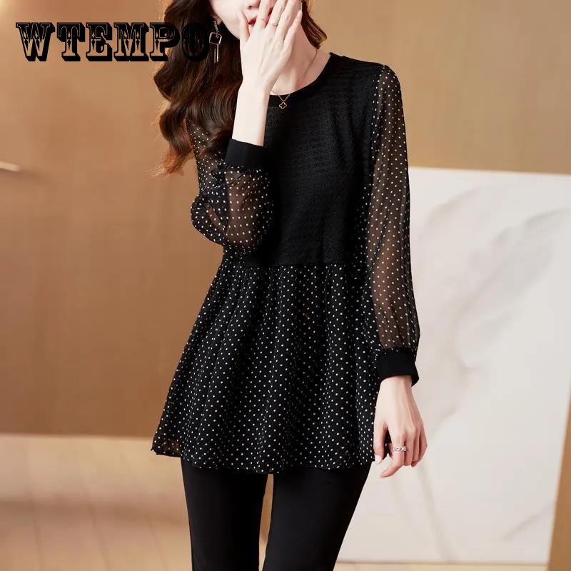 Black Polka Dot Chiffon Top Women's Long-sleeved Spring Slim T-shirt Bottoming Shirt