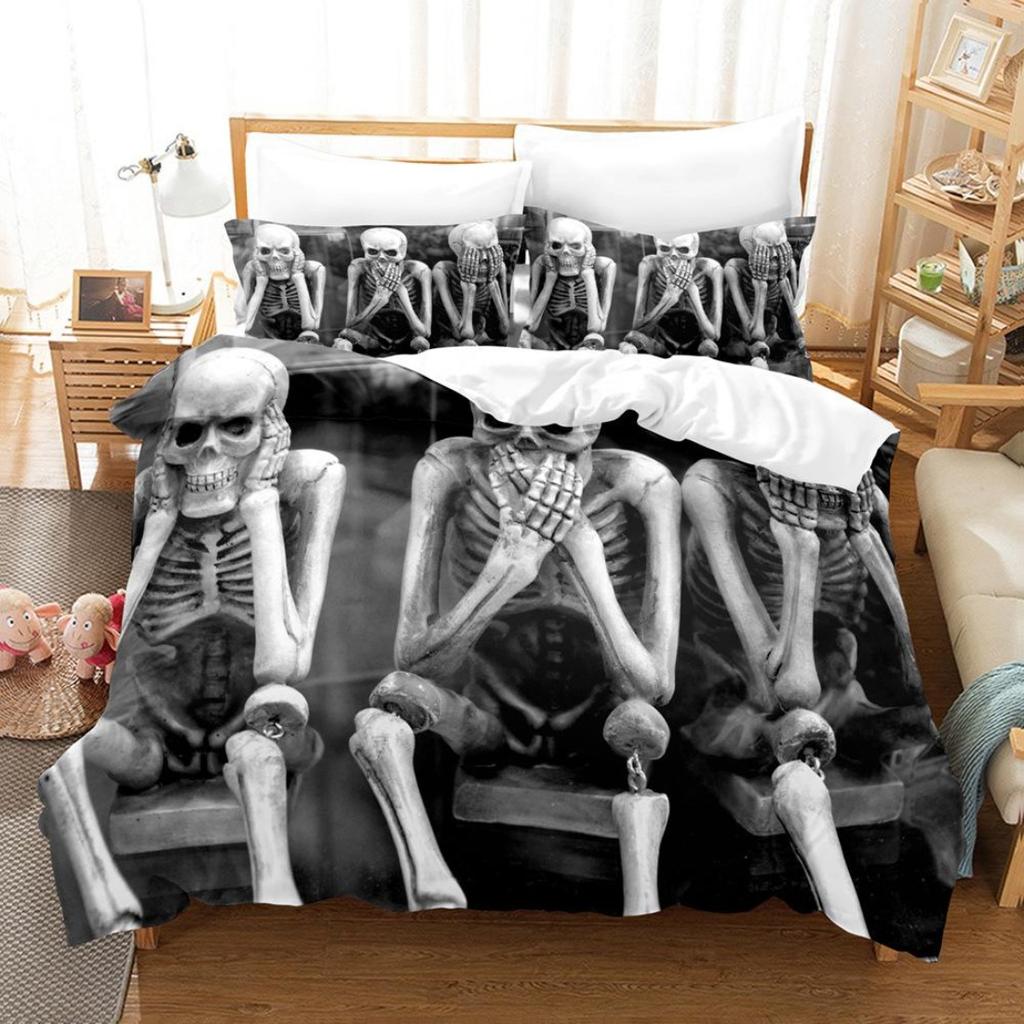 3D Printed Skull Head Bedding Set Halloween Themed Down Duvet Cover Pillowcases, 2/3 Pieces, Boys Room Horror Pattern Quilt Cover