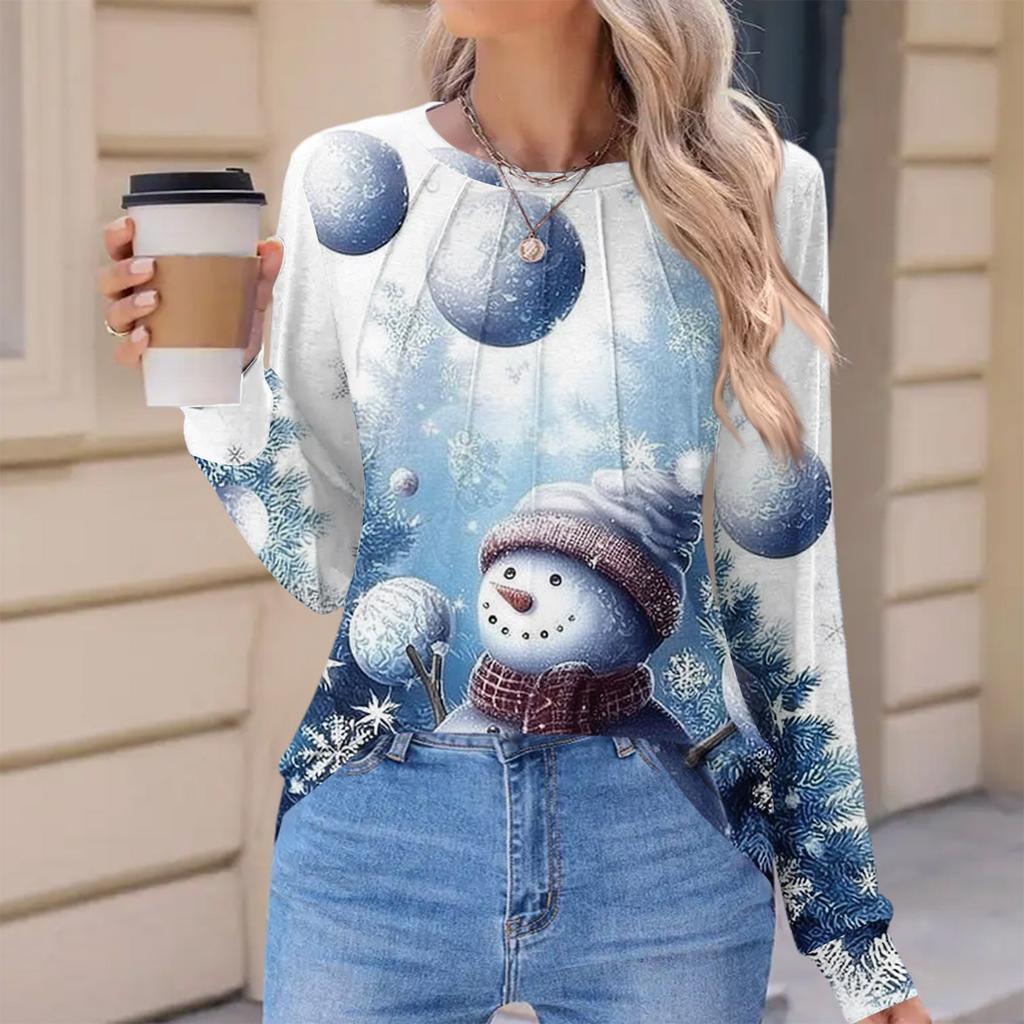 Women's Fashionable Casual Christmas Printed Pleated Comfortable Round Neck Loose Long Sleeve T-Shirt Top