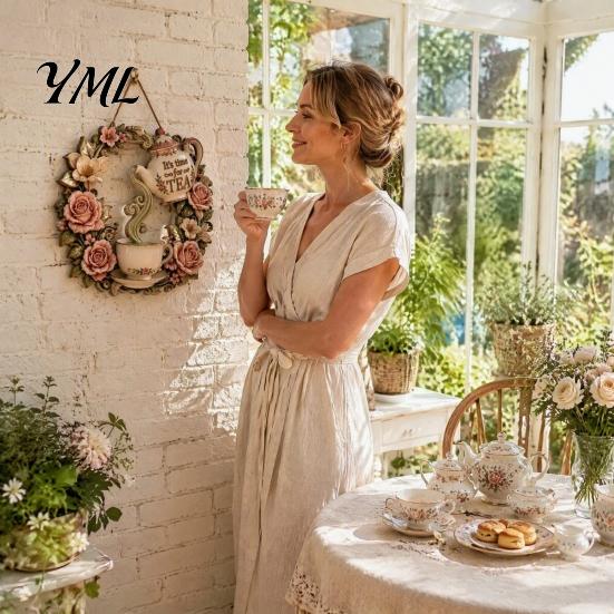 Garden Gift for Family It's Time Tea Door Sign, Metal Floral Wreath Hanger with Teapot Teacup Design, Yard Art Sculptures Rustic Wall Decor