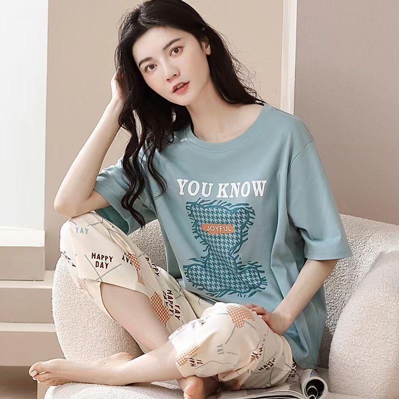 Lounge Sleepwear O-Neck Sleeping Breathable Girls Summer Cartoon Print T-shirt Crop Pants Set Daily Wear